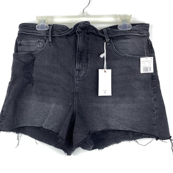NEW Good American Black Denim Bombshell Cut Off Distressed Waist Shorts Sz 14 - Picture 1 of 17